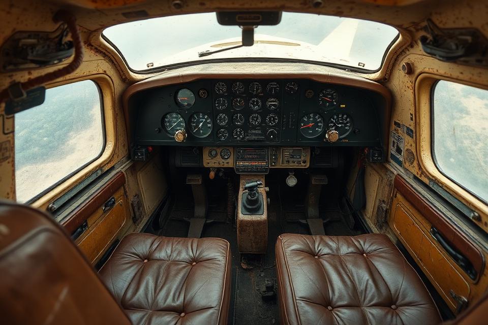 Worn vintage 1960s Cessna cockpit with outdated instruments
